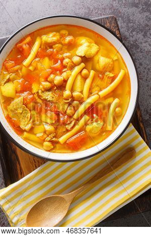 Rancho Canario Stew Canary Islands Traditional Food Closeup On The Board On The Table. Vertical Top 