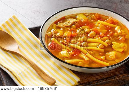 Rancho Canario A Typical Canary Islands Dish With Chickpeas And Noodles Closeup On The Plate On The 