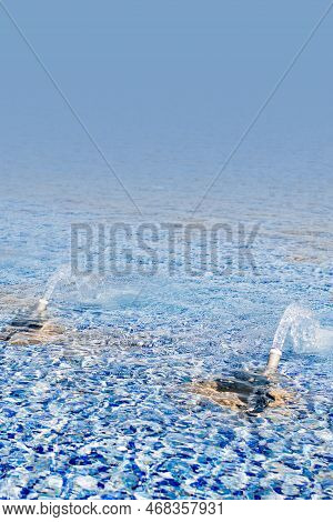 Clean Pure Water Fountain. Refreshing Ecologically Water In Summer Heat Sunny Day.