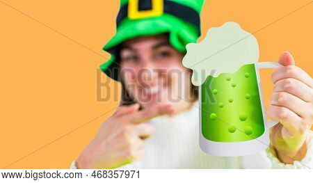 St Patrick's Day Party. Young Woman In Green Hats Celebrate Patrick´s Day. Ireland Traditional.