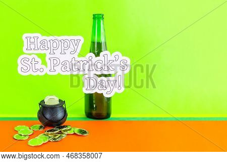 St Patricks Day Pot Of Gold, Beer, Over Green And Orange Background.