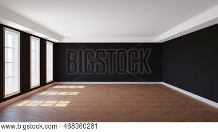 Empty Interior With Black Walls, Three Windows, White Ceiling Cornice, Glossy Herringbone Parquet Fl