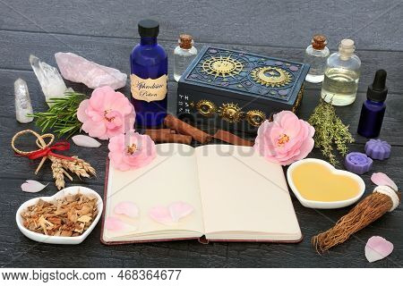 Aphrodisiac Love Potion Recipe Ingredients With Magic Spell Notebook With Herbs, Rose Flowers, Honey