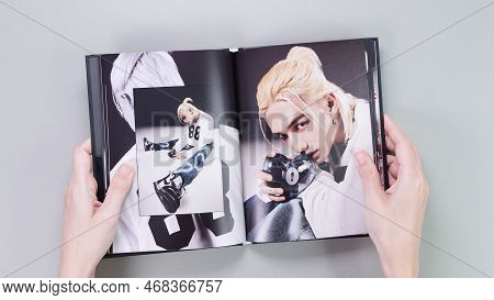 Fan Holding Stray Kids Maxident Mini Album Photobook On Grey. Music Cd. South Korean Boy Band Strayk