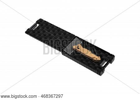 Pocket Folding Knife With Sling Cutter And Cullet. Compact Metal Sharp Knife With A Black Folding Bl