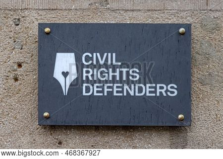 Belgrade, Serbia - December 27, 2022: Plaque Board Of Civil Rights Defenders International Human Rig