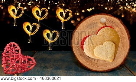 Red Heart In Left Down Corner With Five Yellow Flaming Hearts And Biscuits Hearts On Tree Circle Woo