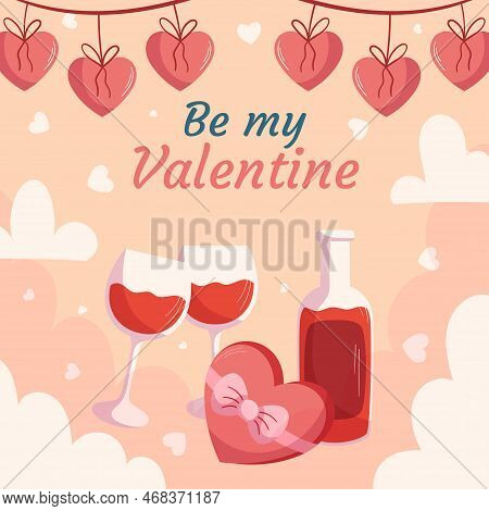St. Valentines Day Design With Bottle And Two Glass Of Wine, Box With Chocolatte In Heart Shape With