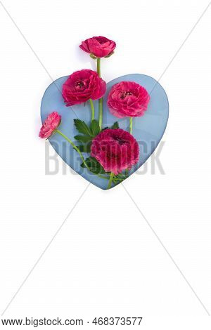 Buttercups Pink Flowers In Blue Paper Card Note In The Shape Heart On A White Background With Space 