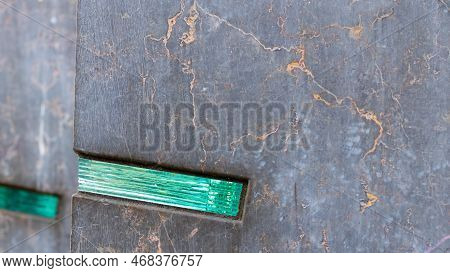 Grunge Backdrop With Sharp Wall Edge And Embedded Green Glass Element And Fuzzy Cracked Wall Lines