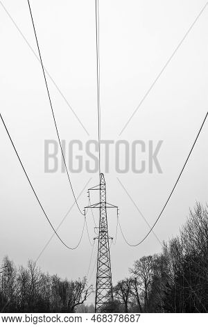 High-voltage Power Transmission Line Pylon With Power Cables