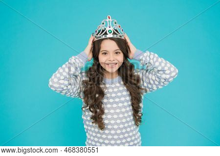 Ready For Prom Night. Happy Child Wear Prom Crown. Prom Girl Blue Background. Coronation Party. Holi