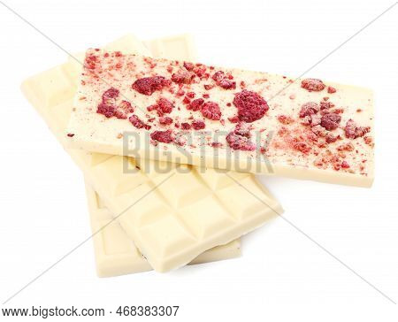 Chocolate Bars With Freeze Dried Raspberries On White Background