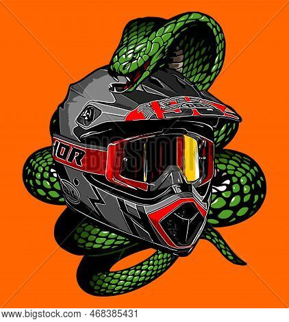 Motorcycle Cross Helmet Wrapped Around A Snake