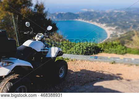 Group Of Riders Riding Atv Vehicle Crossing Mountain Serpentine Road Track, Process Of Driving Renta