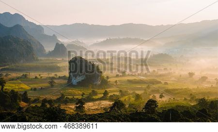 Sunrise With Fog Mist At Phu Langka In Northern Thailand, Mountain View Of Phu Langka National Park