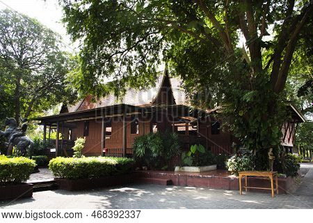 Ancient Wooden House Or Antique Wood Home In Khum Khun Phaen Garden Park In Wat Khae Temple For Thai
