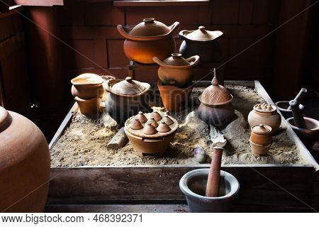 Interior Kitchen Room Of Ancient Wooden House Or Antique Wood Home In Khum Khun Phaen Garden Park In