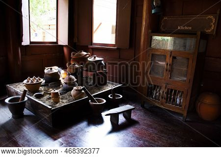 Interior Kitchen Room Of Ancient Wooden House Or Antique Wood Home In Khum Khun Phaen Garden Park In