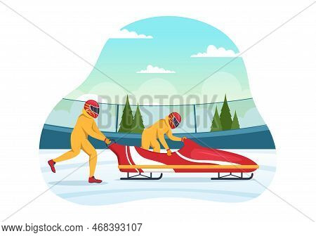 Athlete Riding Sled Bobsleigh Illustration With Snow, Ice And Bobsled Track For Competition In Winte