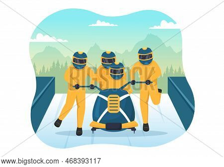 Athlete Riding Sled Bobsleigh Illustration With Snow, Ice And Bobsled Track For Competition In Winte