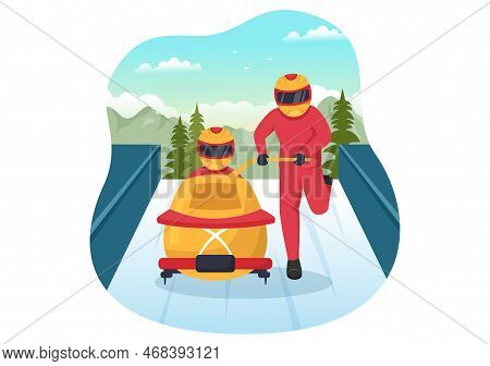 Athlete Riding Sled Bobsleigh Illustration With Snow, Ice And Bobsled Track For Competition In Winte