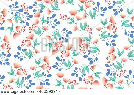 Seamless Pattern From Flowers, Leaves And Berries. Vector Background In A Watercolor Style With Grad