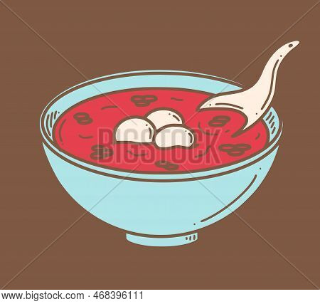 Hong Dou Tang, Sweet Chinese Red Bean Soup. Chinese New Year Dessert Vector Illustration In Doodle S