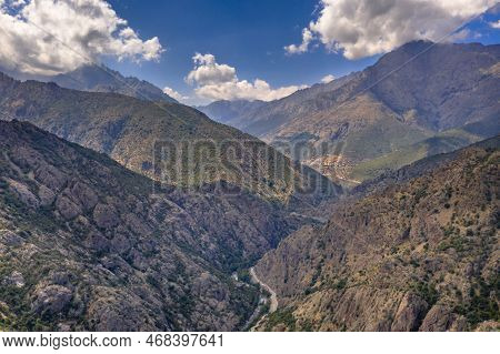 Aerial View Of Asco River Gorge In Haute Corse On Corsica Island, France