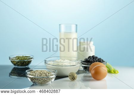 Food With Calcium For Health Bones And Joints. Products Rich In Calcium, Supplements And X-ray Film 