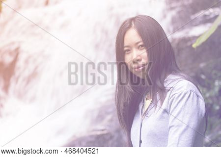 Portrait Thai Woman At Siribhum Waterfall Doi Inthanon National Park, Chiangmai Thailand
