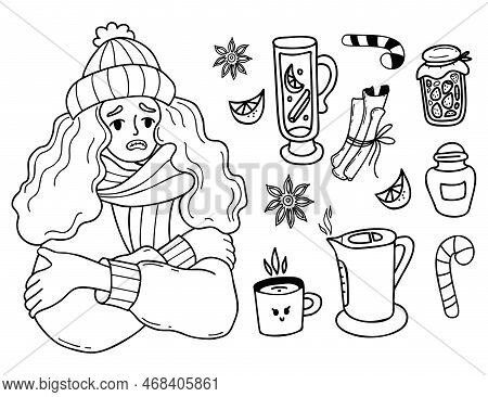 Winter Collection. Unhappy Girl Freezing Wearing And Shivering. Nearby Is Hot Wine, Kettle Of Boilin