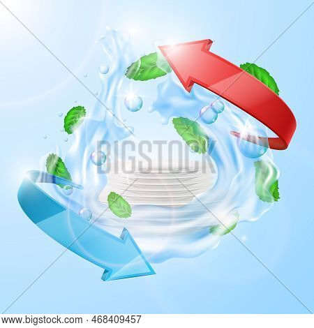 Clean Utensil. Washing Plates. Pile Dishes In Water. Kitchen Food Service. Splashes And Leaves. Rest
