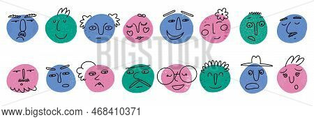 Smile Face Characters, Colorful Happy Family. Abstract Doodle Expression Avatars, People Round Portr