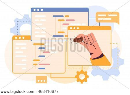 Computer Code. Programmers Hand Holding Bug. Malware Problem. Digital Debug Coding. Antivirus System