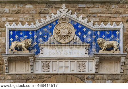 Florence, Italy - June 03, 2022: Marble Decorative Plaque With Two Lions And Giglio Flower, Main Sym