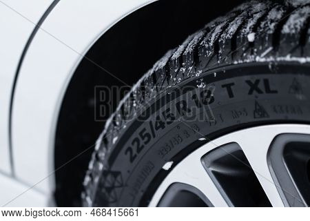 Close Up View Of Tire With Tire Width, Height And Wheel Diameter Designation. Tire Size Types Labels