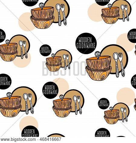 Seamless Pattern With Circles, Wooden Dishes With Plate, Round Deep Dish And Cutlery - Fork, Spoon. 