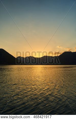 View Of The Sunset In Boko-kotor Bay In Montenegro. Silhouettes Of Mountains