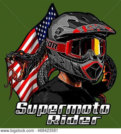 Supermoto Rider With America Flag Vector Template