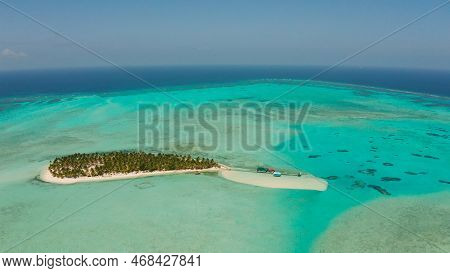Tropical Island With Beautiful Beach, Palm Trees And Turquoise Water View From Above. Onok Island, B
