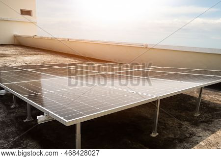 Technology Light Solar Panels Solar Cells On Rooftop With Sun Overlight Day No House Building With B