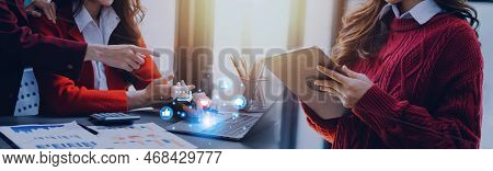 Social Media And Digital Online Concept, Man Using Smart Phone With Social Media. The Concept Of Liv