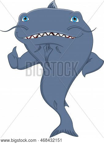 Cute Cartoon Catfish Thumb Up On White Background