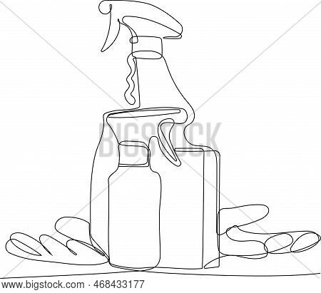 Continuous One Line Drawing Of Bottles For Liquid Laundry Detergent, Bleach, Fabric Softener, Dishwa
