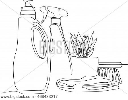 Continuous One Line Drawing Of Bottles For Liquid Laundry Detergent, Bleach, Fabric Softener, Dishwa