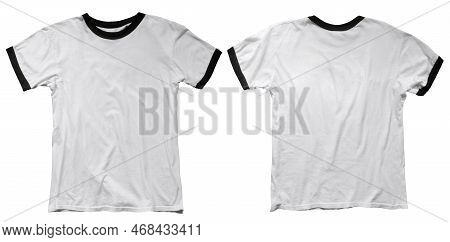 Wrinkled Blank White Ringer T-shirt Template, Front And Back Design Isolated On White