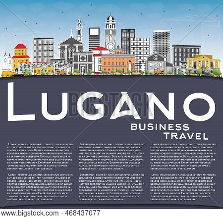 Lugano Switzerland Skyline With Gray Buildings, Blue Sky And Copy Space. Vector Illustration. Busine