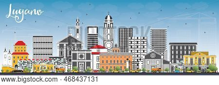 Lugano Switzerland Skyline With Gray Buildings And Blue Sky. Vector Illustration. Business Travel An