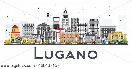 Lugano Switzerland Skyline With Gray Buildings Isolated On White Background. Vector Illustration. Bu